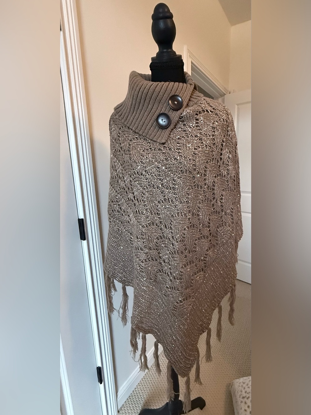 Cozy Knit Poncho Sweater with Buttoned Cowl Neck - Taupe
